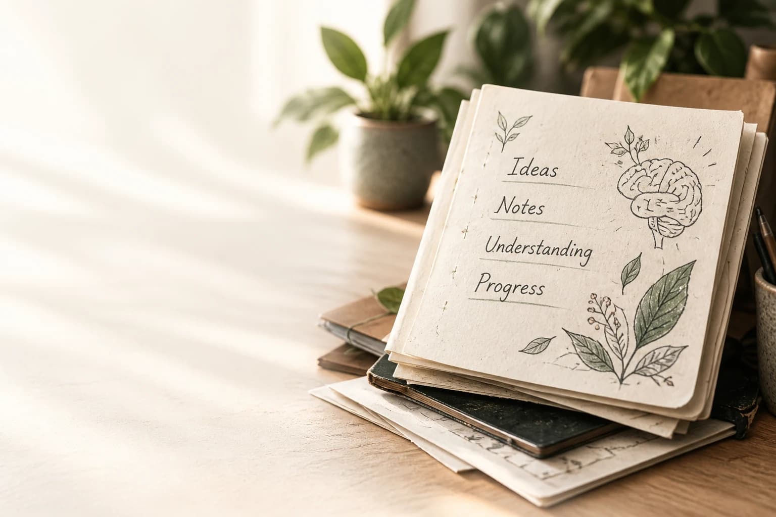 A well-loved notebook of ideas, notes, understanding and progress, with hand-drawn botanical and brain sketches
